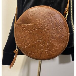 Portland Leather Goods Crossbody Bag Womens Small Brown Floral Tooled Round